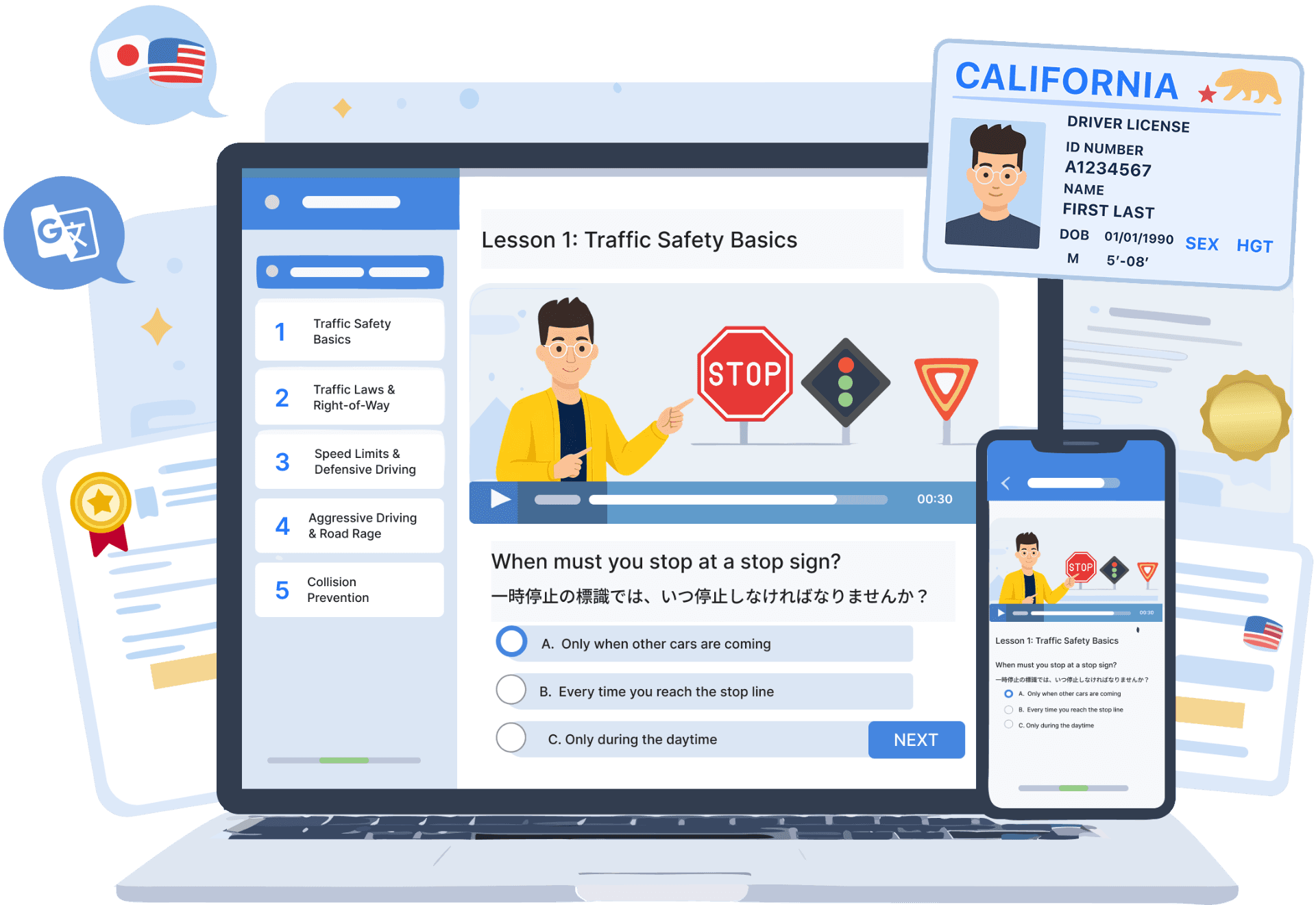 Mirai Traffic School platform shown on laptop and phone